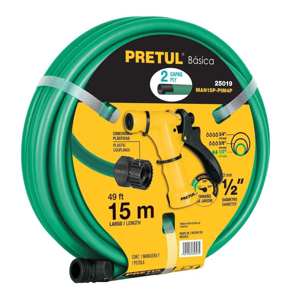 Combo manguera man-15x1/2p y pistola de riego pim-4p, pretul con Garantí de 2 ños