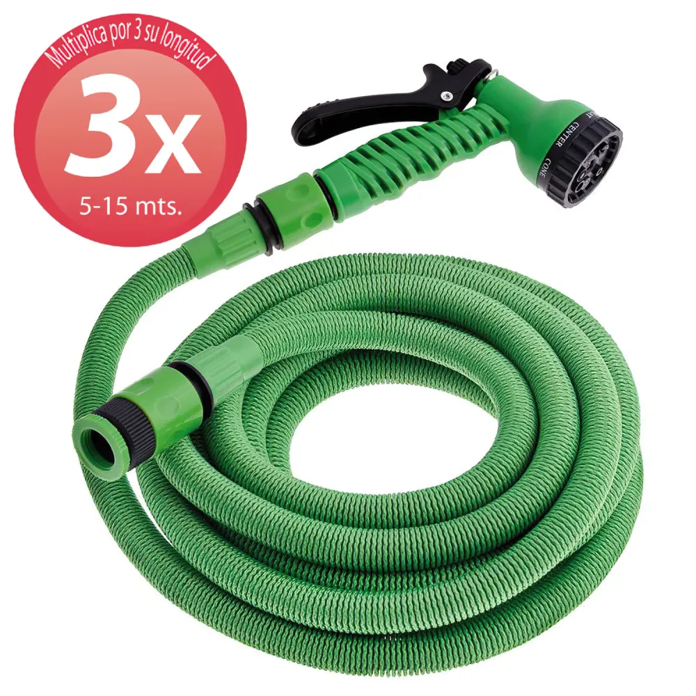 Difusor de Bajo Caudal Manguera Extensible Riego Compacto 5 15 Metros Con Pistola 7 Posiciones