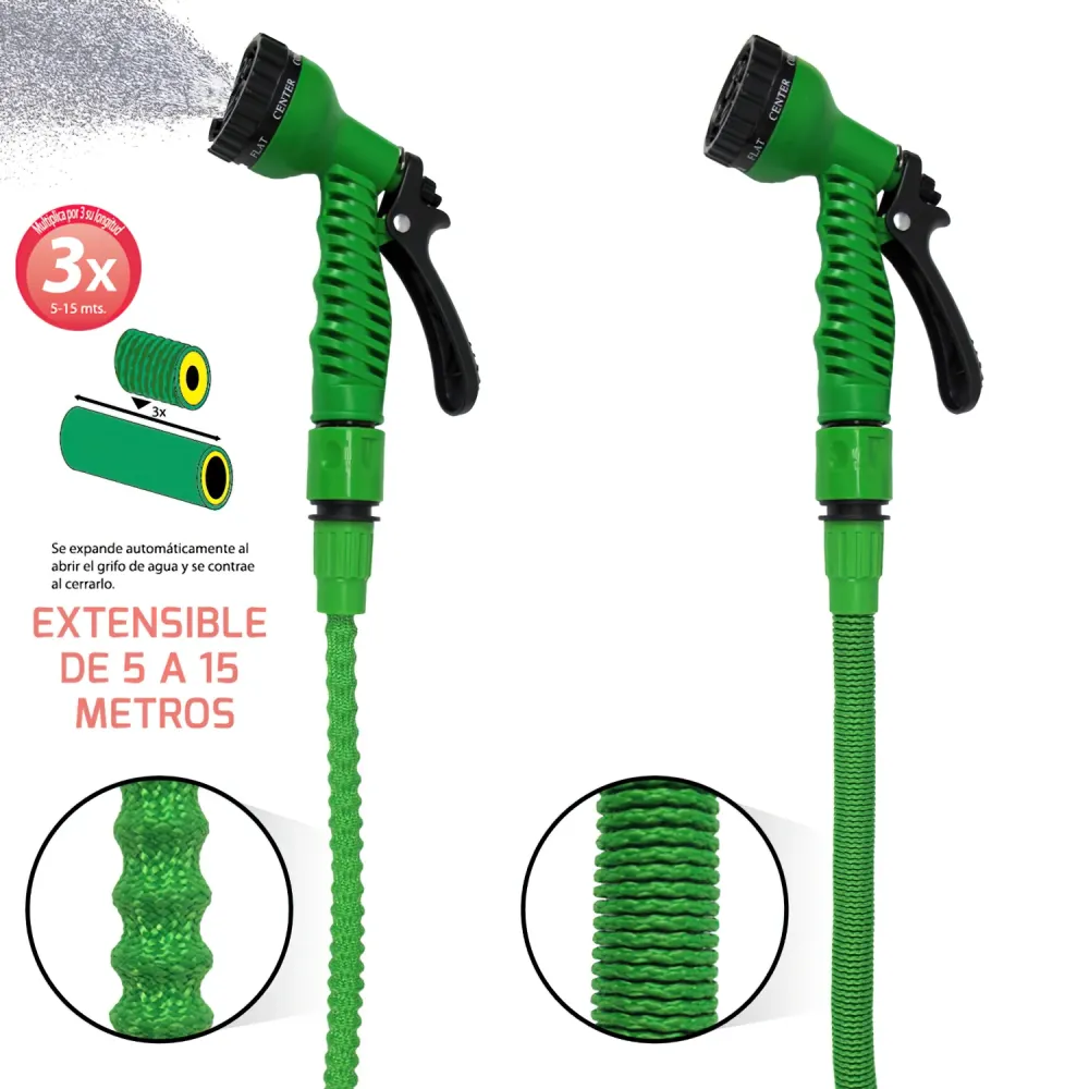Difusor de Bajo Caudal Manguera Extensible Riego Compacto 5 15 Metros Con Pistola 7 Posiciones