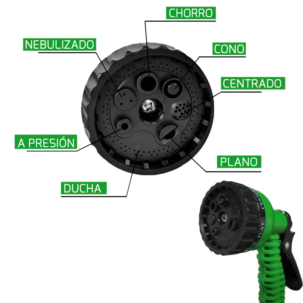 Difusor de Bajo Caudal Manguera Extensible Riego Compacto 5 15 Metros Con Pistola 7 Posiciones