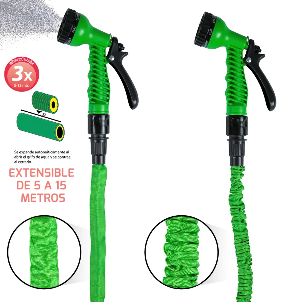 Difusor de Bajo Caudal Manguera Extensible Riego 5 15 Metros Con Pistola De 7 Posiciones