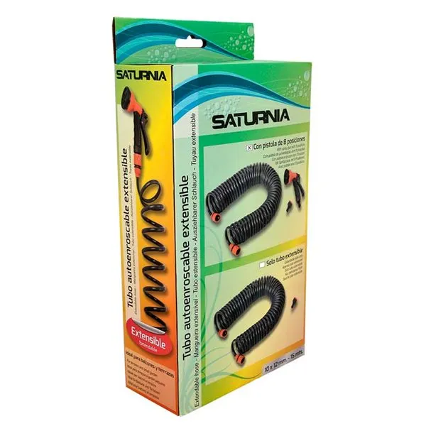 Kit de Tubo Exudante Manguera de riego Saturnia con pistola de agua con 7 posiciones autoenroscable 15 m