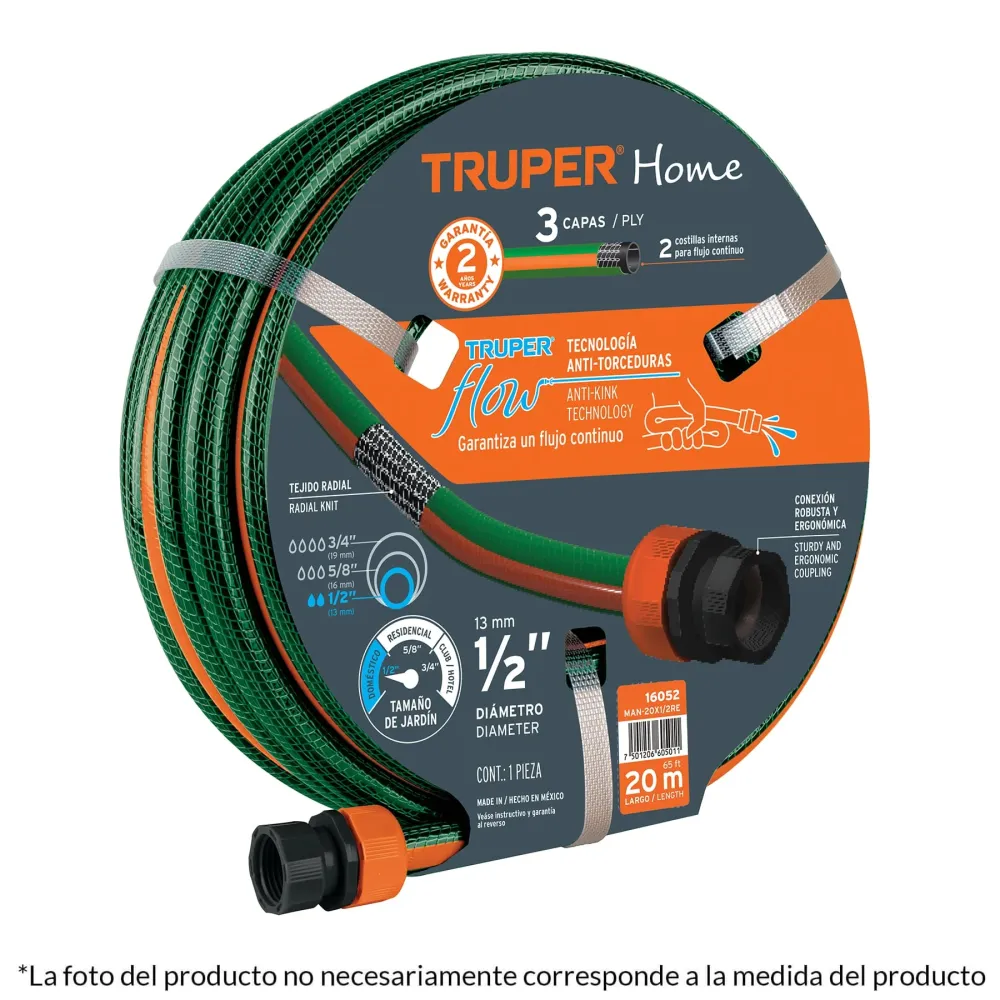 Manguera 1/2",reforzada, 3 capas, conexiones plásticas, 10 m con 10 Aspersores Incluidos
