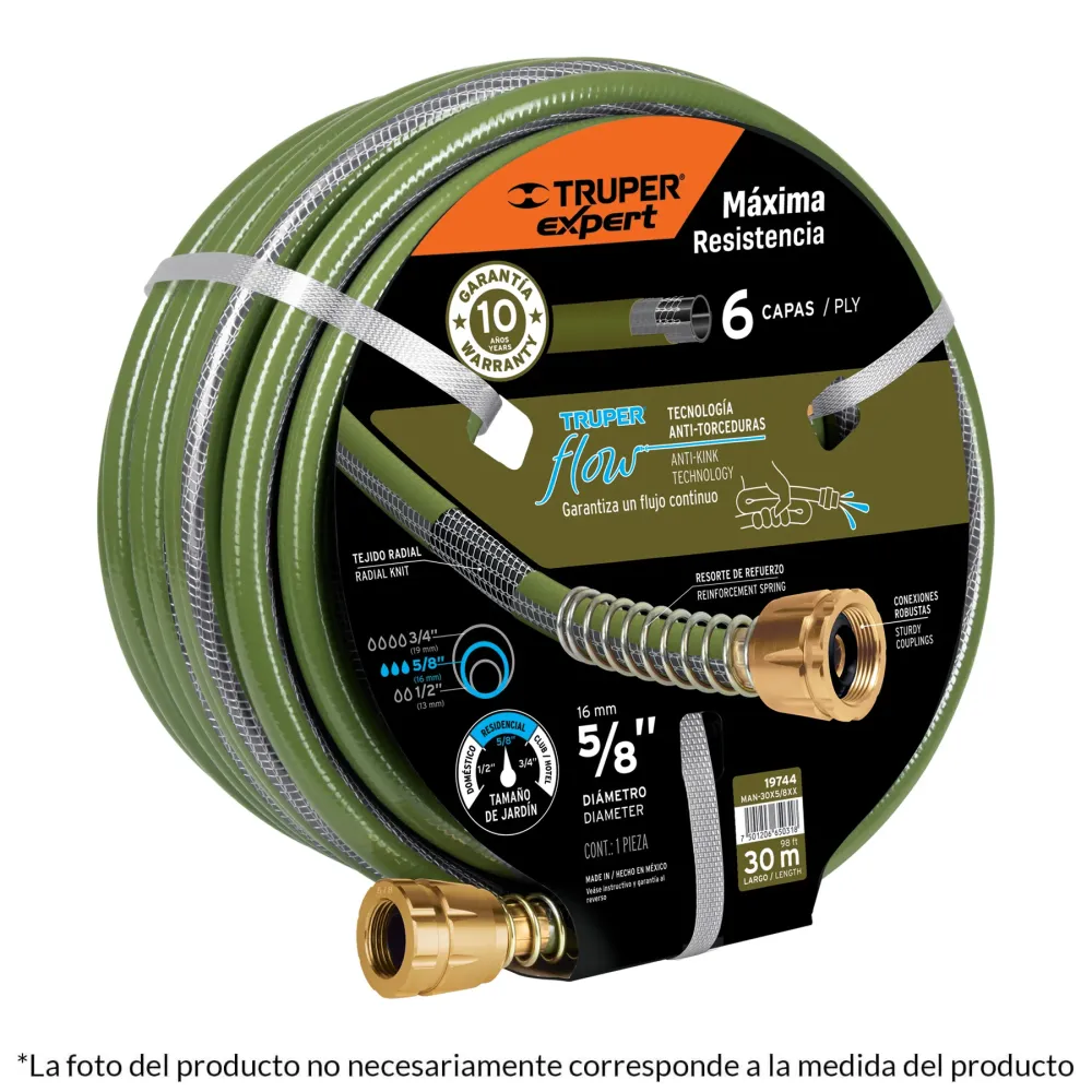 Manguera 5/8", flujo continuo 6 capas, conexiones metálico, 25m | Resistente UV |