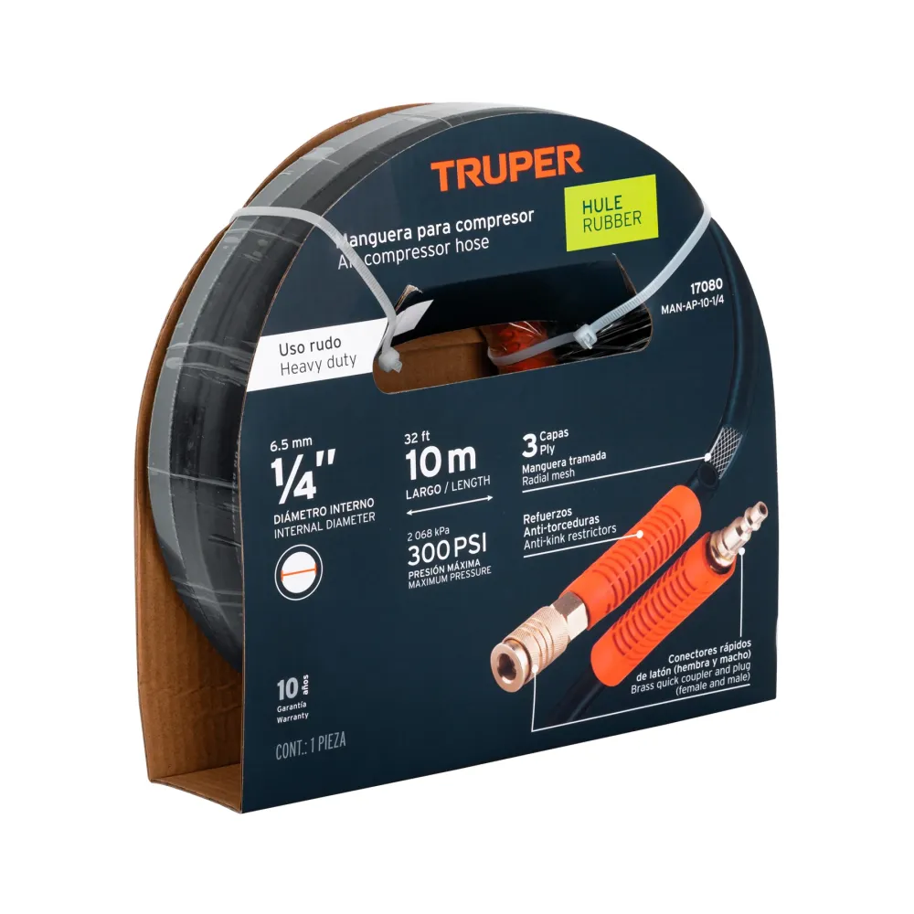 Manguera Para Compresor, De Hule, 10m x 1/4", Truper 17080 con 3 ños de Garantí