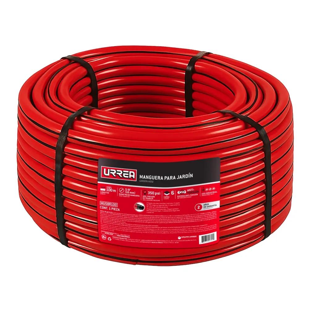 Manguera para jardín de 6 capas reforzada con conector metálico fuerte 5/8", 100 m Urrea