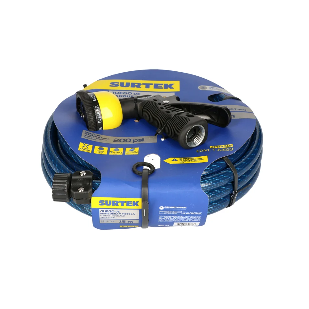 Manguera para jardín spider con pistola para riego 1/2", 15 m Surtek con Garantí de 2 ños