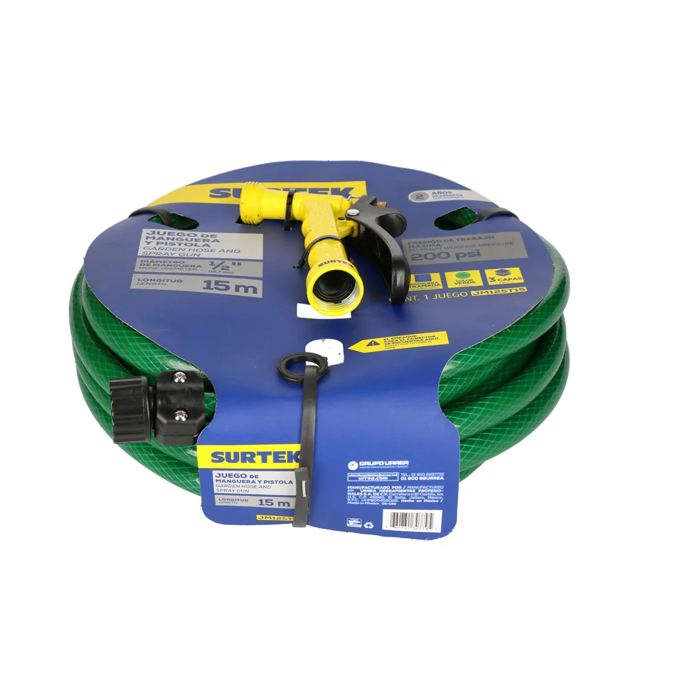 Manguera para jardín tramada verde con pistola para riego 1/2", 15 m Surtek - 1/2" de Entrada