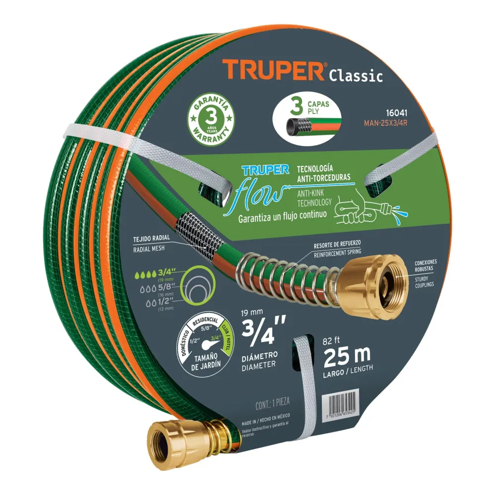 Manguera 3/4", reforzada 3 capas, conexiones de acero, 25 m
