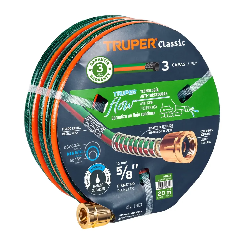 Manguera 5/8" reforzada 3 capas 20 m conexiones de acero