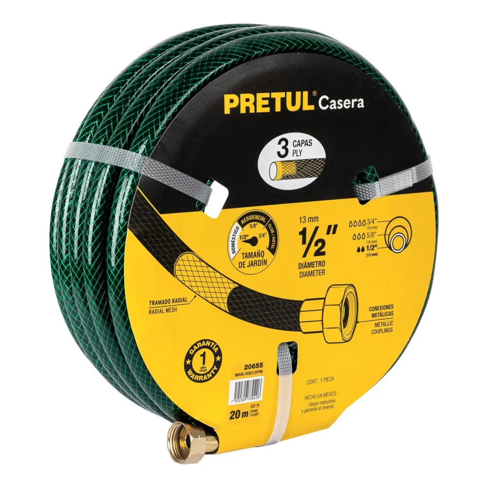 Manguera 1/2" reforzada 3 capas conexiones acero 20m, pretul