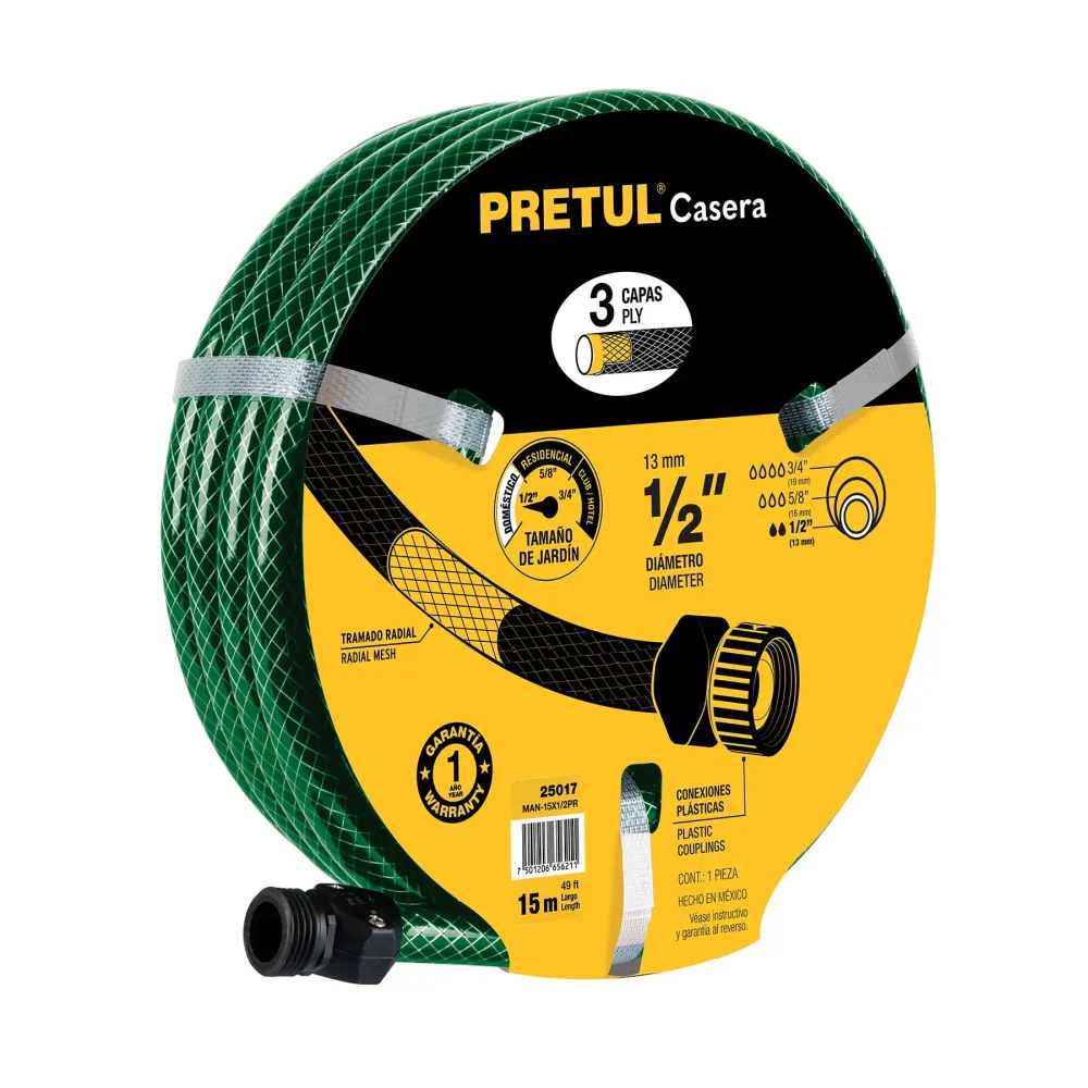 Manguera 1/2", reforzada 3 capas, 15 m, pretul (Certificado IPX4)