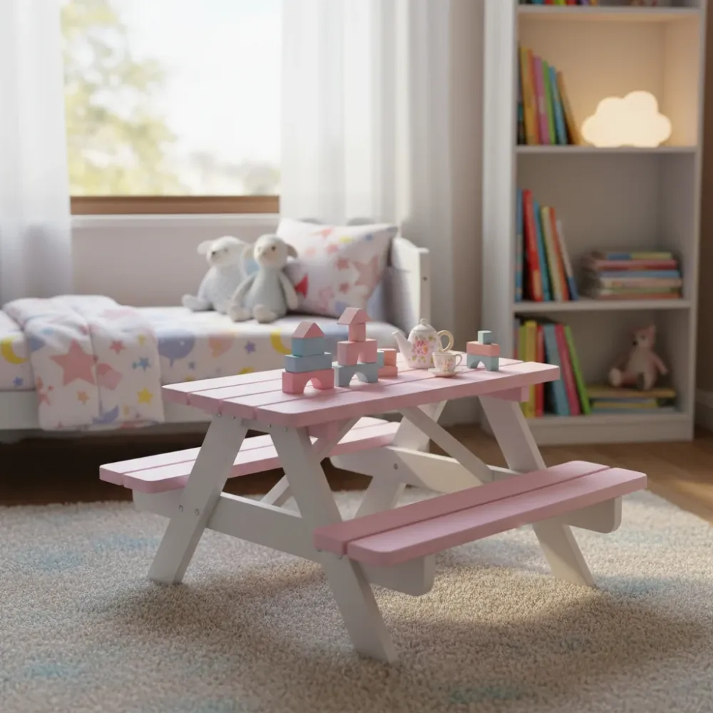 Mesa de picnic infantil rosa y blanca KING (90 cm.) con Portavasos