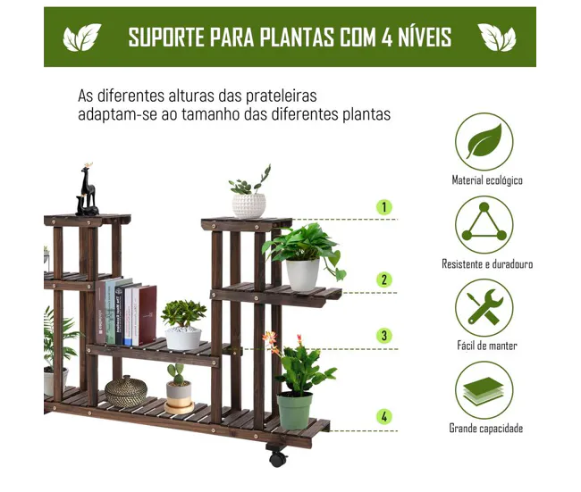 Premium de Jardinerí Outsunny Estanterí para Plantas de 4 Niveles con Ruedas Soporte para Macetas Soporte para Plantas par...