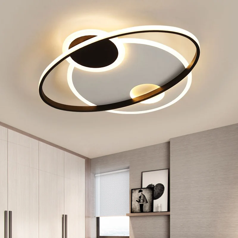 19"/21,5" W planetaire baan semi-inbouw minimalistisch metaal Great Room LED-plafondverlichting zwart, warm/wit licht