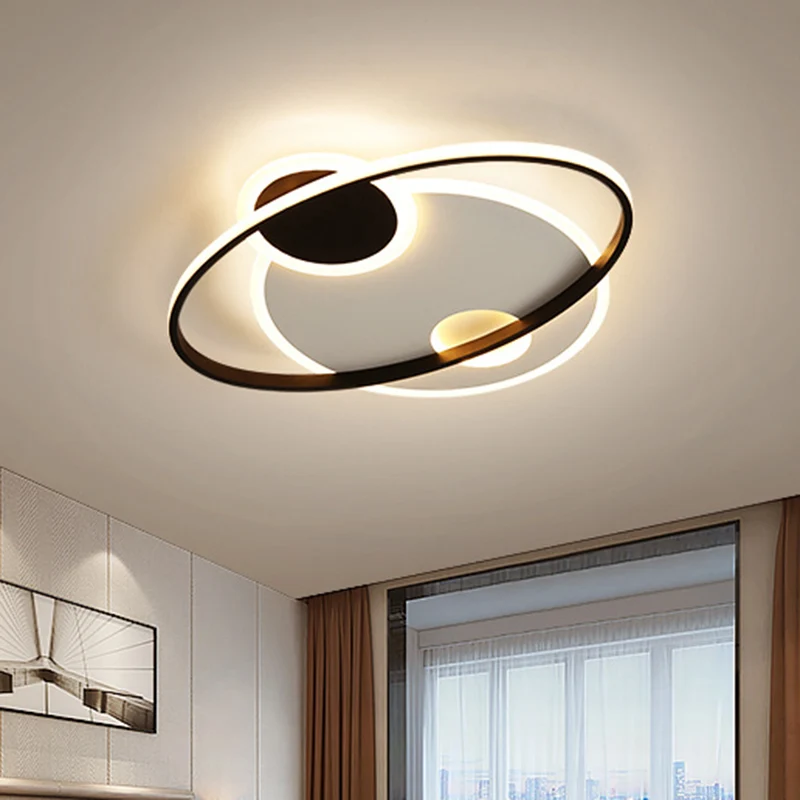 19"/21,5" W planetaire baan semi-inbouw minimalistisch metaal Great Room LED-plafondverlichting zwart, warm/wit licht