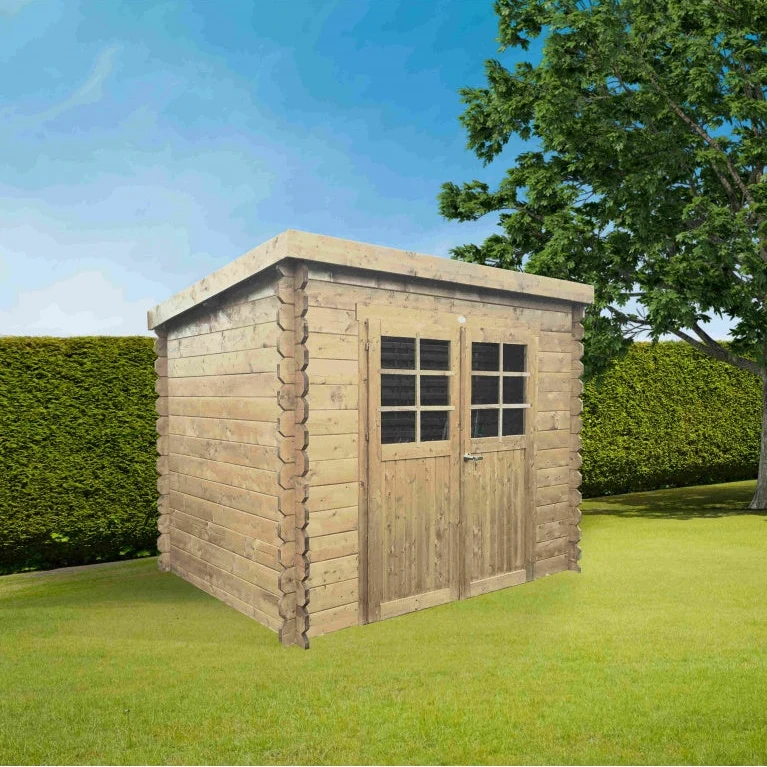 Abri de jardin Jena - 2,98 x 2,48 m - sapin certifié du Nord - toiture plate - double-porte avec fenêtres