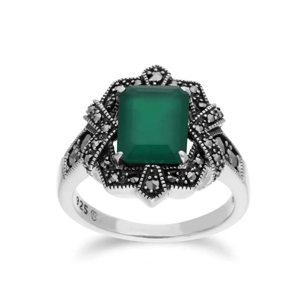 Anillo estilo Art Déco con calcedonia verde baguette y marcasita en plata de ley 925