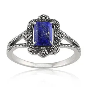 Anillo estilo Art Déco con lapislázuli y marcasita baguette en plata de ley 925