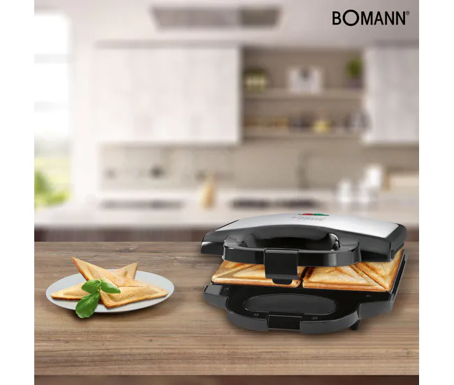 Bomann ST 1372 CB Sandwichera, 2 Sandwiches, Placas Antiadherentes, Tostado Óptimo, Acero Inoxidable, 750, Negro/Plata
