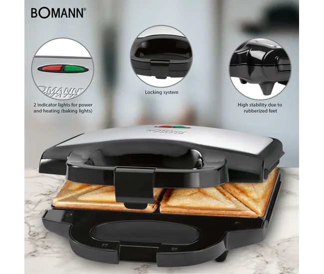 Bomann ST 1372 CB Sandwichera, 2 Sandwiches, Placas Antiadherentes, Tostado Óptimo, Acero Inoxidable, 750, Negro/Plata