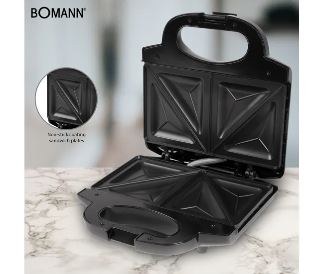 Bomann ST 1372 CB Sandwichera, 2 Sandwiches, Placas Antiadherentes, Tostado Óptimo, Acero Inoxidable, 750, Negro/Plata