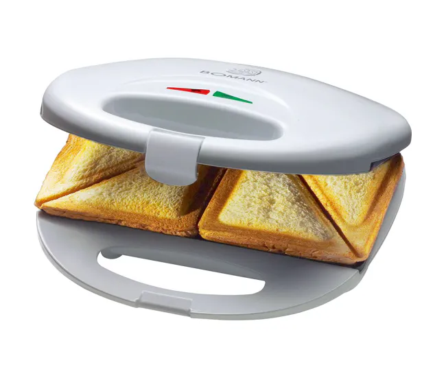 Bomann ST 5016 CB Sandwichera, 2 Sandwiches, Placas Antiadherentes, Regulador Temperatura, Tostado Inmejorable, 750, Blanco