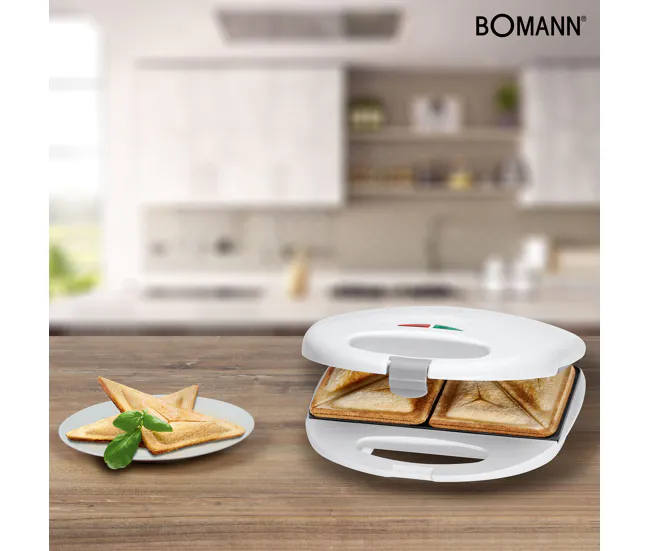 Bomann ST 5016 CB Sandwichera, 2 Sandwiches, Placas Antiadherentes, Regulador Temperatura, Tostado Inmejorable, 750, Blanco