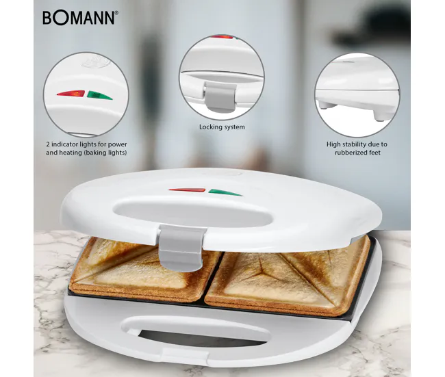Bomann ST 5016 CB Sandwichera, 2 Sandwiches, Placas Antiadherentes, Regulador Temperatura, Tostado Inmejorable, 750, Blanco