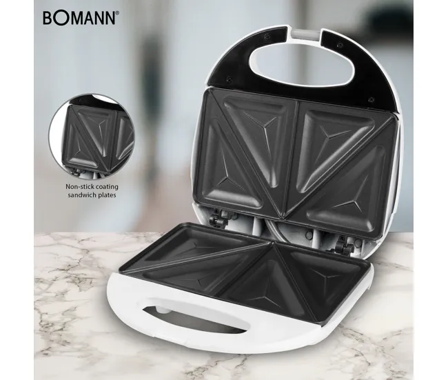 Bomann ST 5016 CB Sandwichera, 2 Sandwiches, Placas Antiadherentes, Regulador Temperatura, Tostado Inmejorable, 750, Blanco