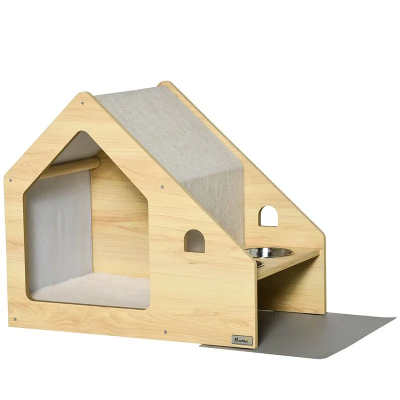 Casa para perros Pawhut con comederos+cojín roble/gris 62x40x54 cm