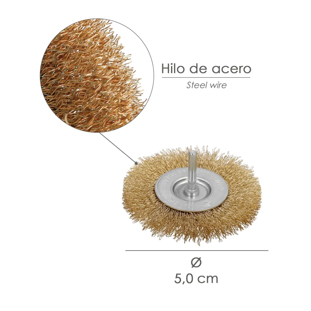 Cepillo Acero Latonado Para Taladro. Disco Ø 50 mm. Espiga 1/4" Cepillo Taladro Alambre Latón, Cepillo Limpieza, Cepillo P...
