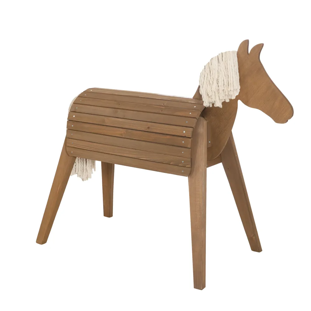 Cheval d'extérieur et de saut, bois massif de couleur teck, cheval de jardin avec crinière et queue