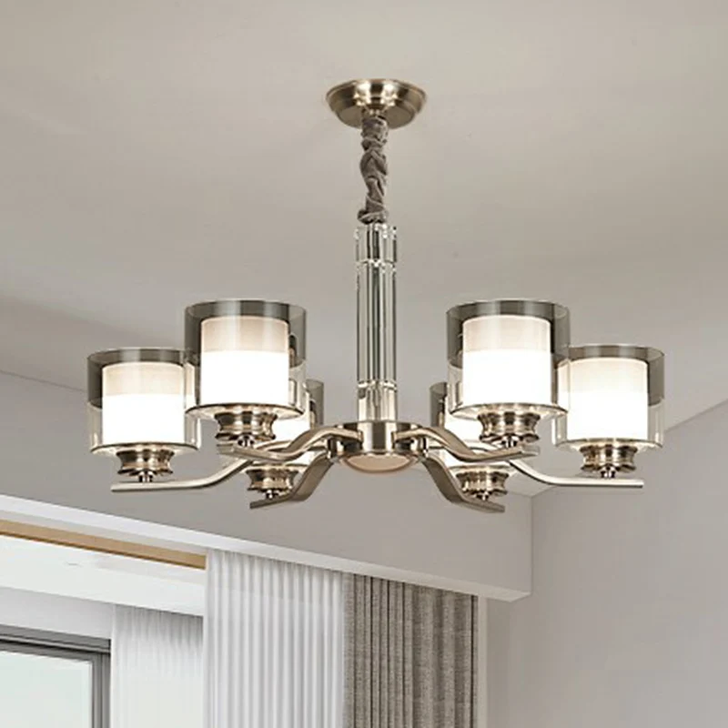 Cilindrische restaurantkroonluchter, moderne hanglamp van mat en rookgrijs glas chroom