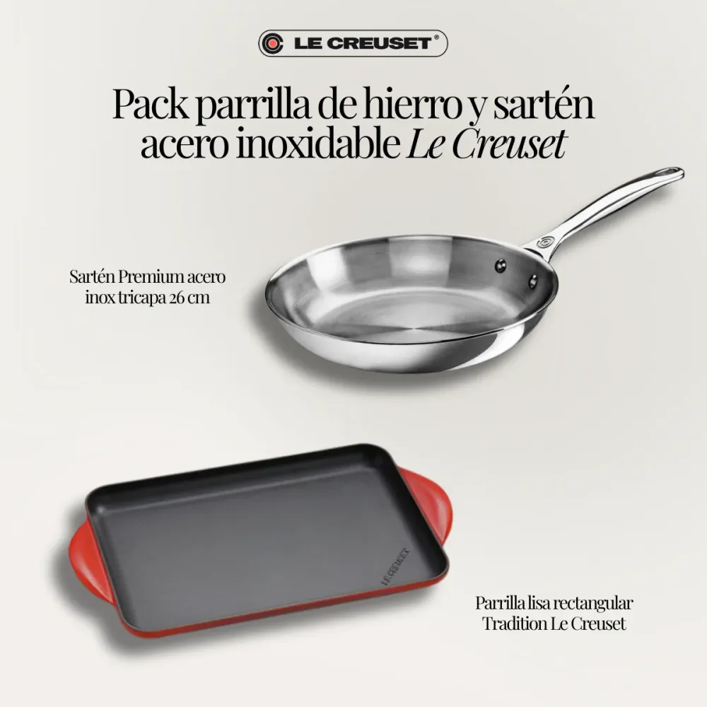 Le Creuset iron grill and stainless inoxidable frying pan pack