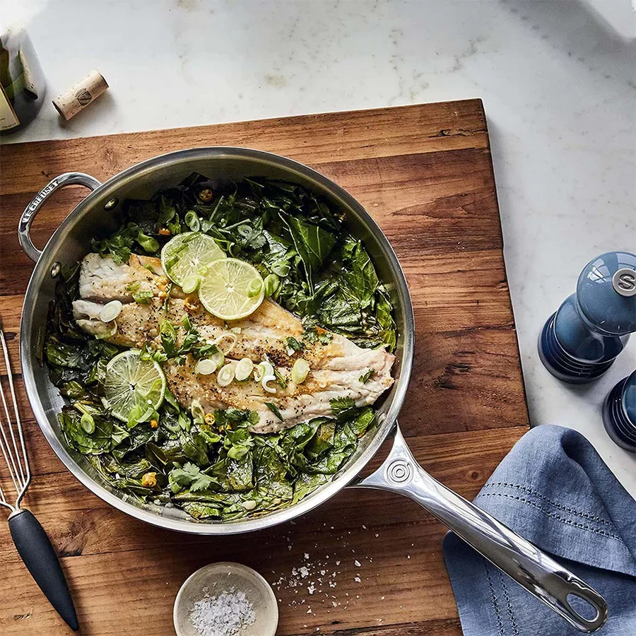 Le Creuset iron grill and stainless inoxidable frying pan pack