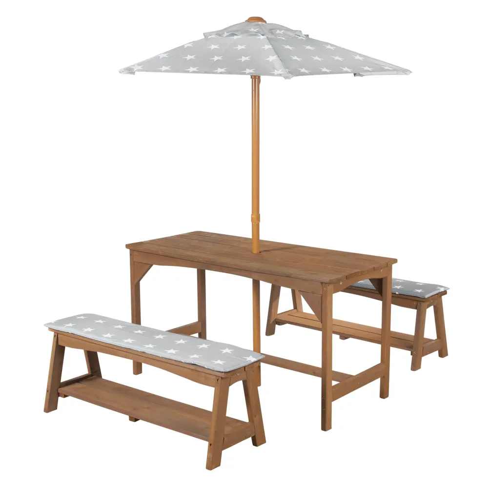 Outdoor Seating Group+ 1 Table, 2 Benches, Parasol & Seat Cushions 'Little Stars' - Tectona