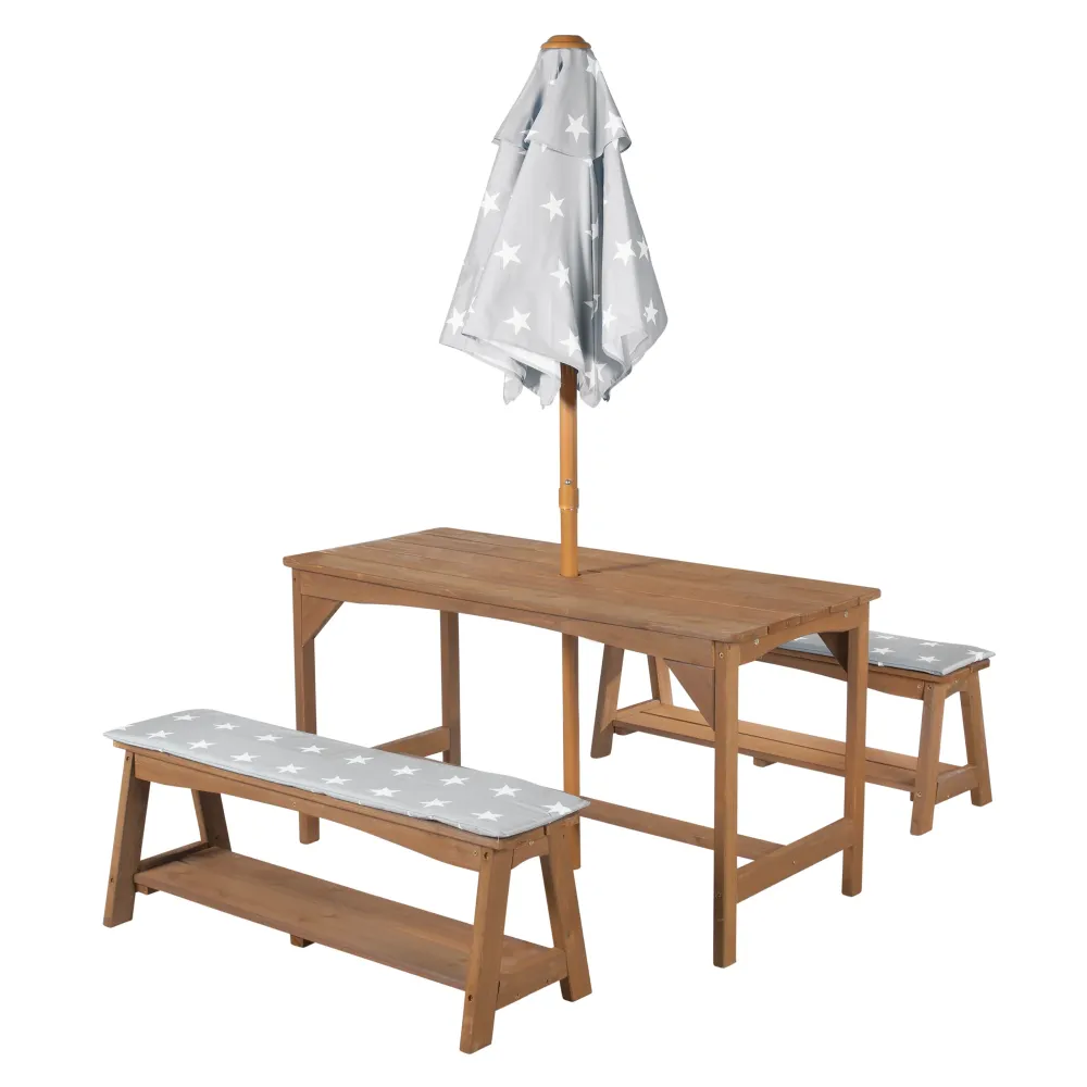 Outdoor Seating Group+ 1 Table, 2 Benches, Parasol & Seat Cushions 'Little Stars' - Tectona