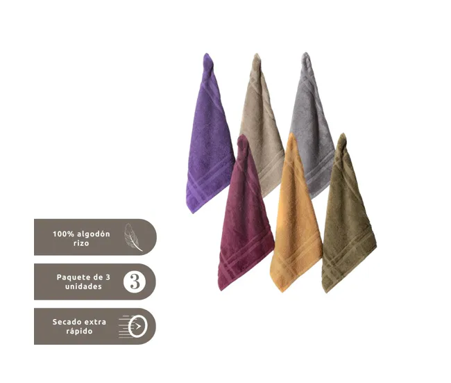 Pack 3 Paños cocina Rizo Algodón 100% 50x50cm (Beige-Gris-Lila) Donegal Collections