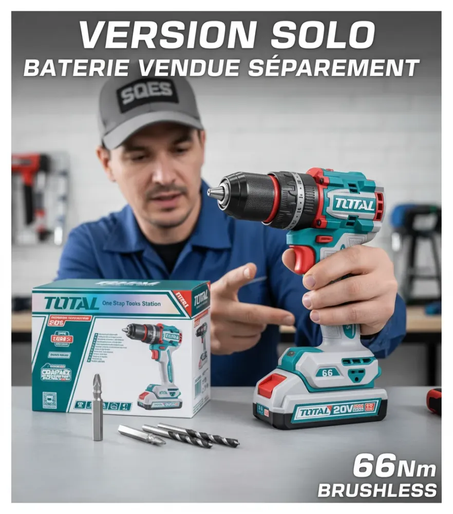Perceuse à Percussion Sans Fil 20V TOTAL TIDLI206681 SOLO - Moteur Brushless Compacto 66Nm - Batterie Vendue Séparément