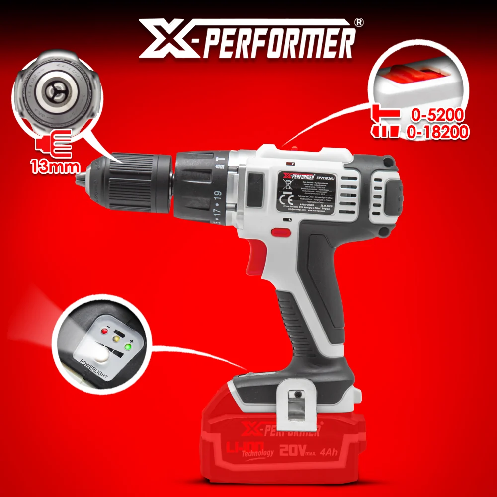 Perceuse visseuse à percussion 20V – mandrin 13 mm – avec batterie 4Ah & chargeur rapide 2H – X-Performer