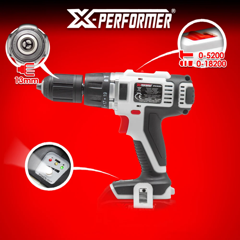 Perceuse visseuse à percussion 20V – mandrin 13 mm – avec batterie 2Ah & chargeur rapide 1H – X-Performer