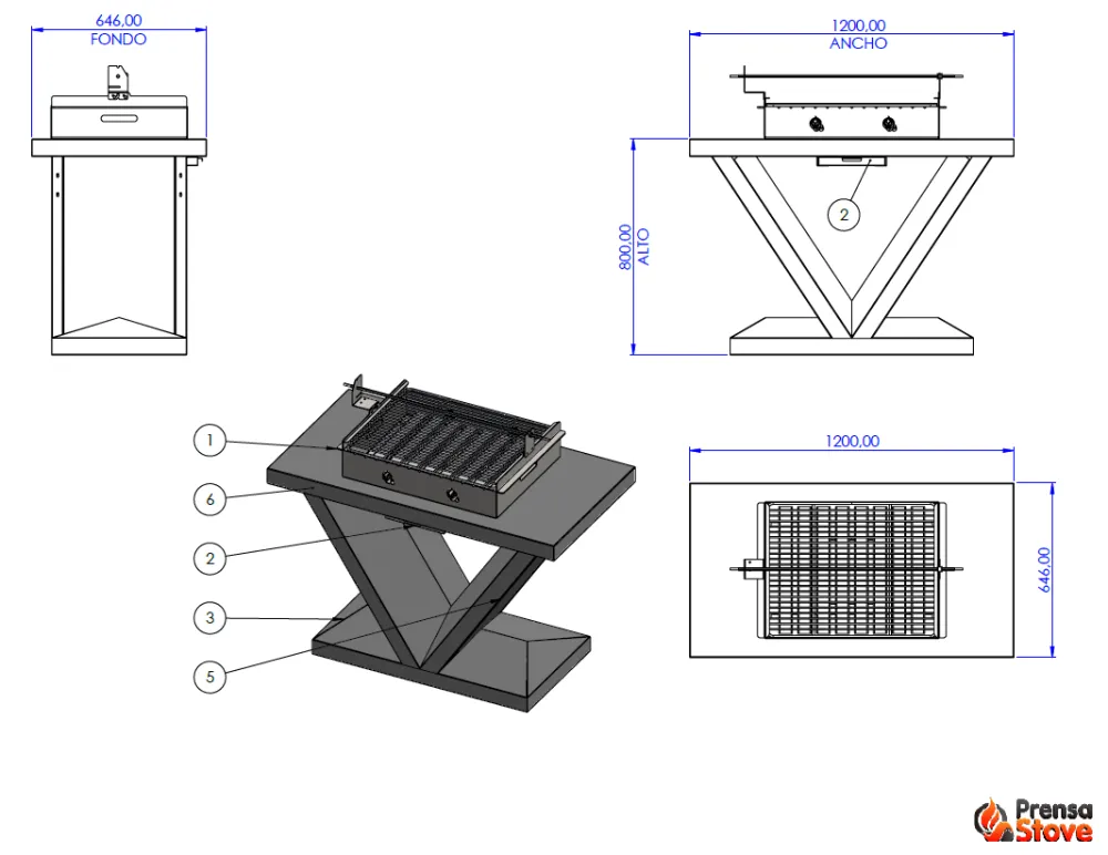 PRENSA STOVE Barbacoa de carbón PR1503CG Afrodita + carbonera/giratoria