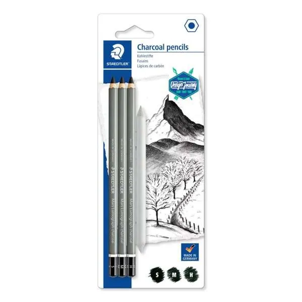 Staedtler Mars Lumograph Charcoal 100C Pack de 3 Lapices de Grafito + Difuminador - Alta Proporción de Carbono y Carboncil...