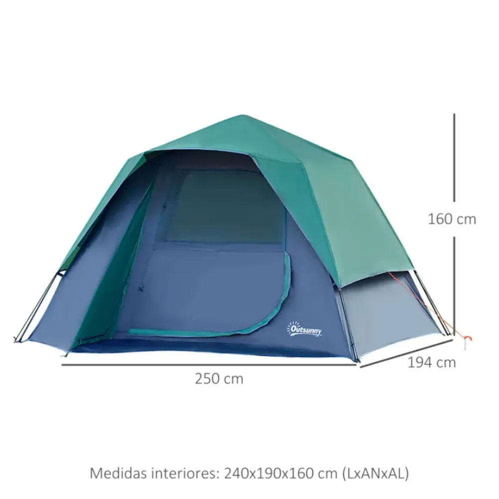 Tienda de campañ Outsunny 2/3 plazas + bolsa de transporte + gancho para luz azul/verde 160x250x194 cm