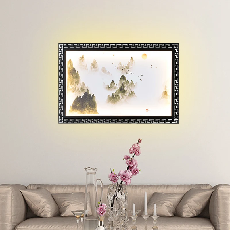 Grava Decorativa Applique murale Paradise/Misty Mountain en tissu chinois, éclairage Mural LED noir pour la décoration de...