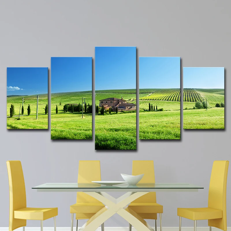 Profesional para Exteriores Décoration murale de paysage de ferme, toile moderne de vaste paysage de prairie en vert et bleu