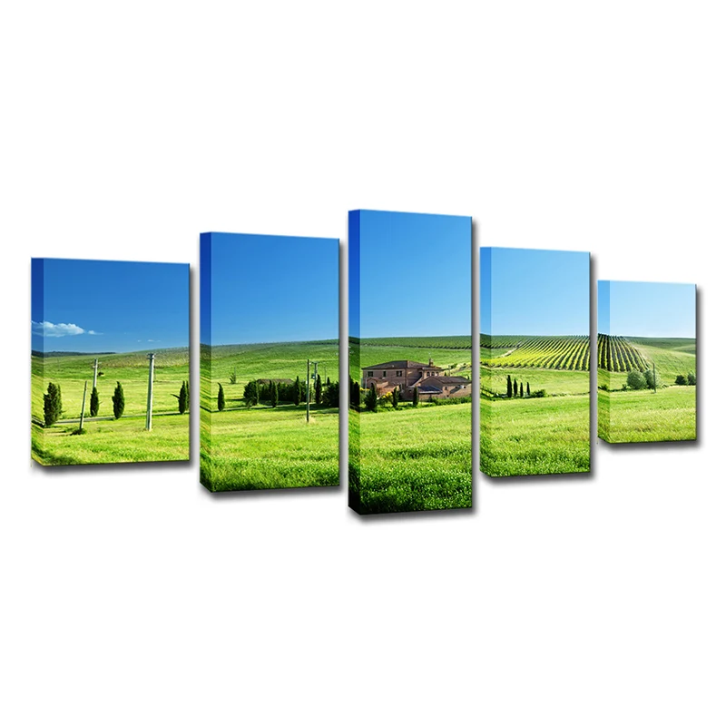 Profesional para Exteriores Décoration murale de paysage de ferme, toile moderne de vaste paysage de prairie en vert et bleu