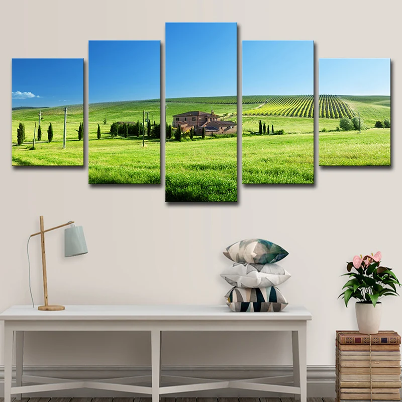 Profesional para Exteriores Décoration murale de paysage de ferme, toile moderne de vaste paysage de prairie en vert et bleu