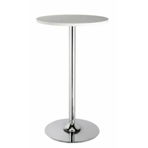 Mesa alta tipo bar color blanco. Tablero sobresaliente de MDF con 20 mm de espesor. Patas y base cromada.